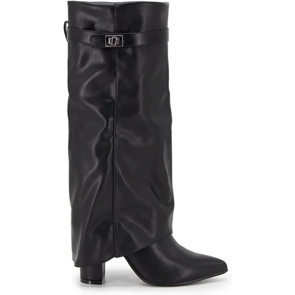Women's Black Knee High Fold Over Wide Calf Pointed Toe Chunky Heel Boot